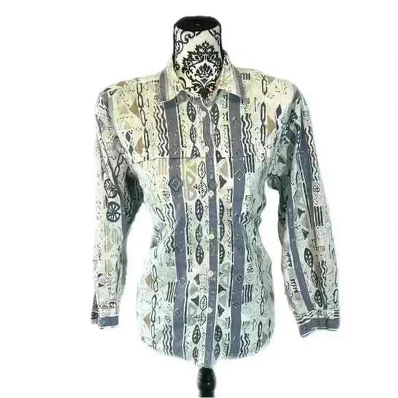 90’s Aztec Tribal Beachy 100% Print Balloon Sleeve Button Down - Picture 6 of 7